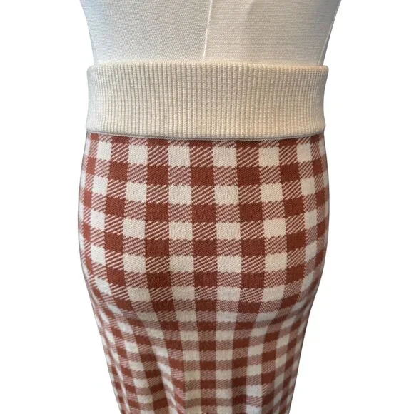 2/$30 Madewell XS Midi Skirt Red Brown & White Gingham Check Elastic Waist Knit - Picture 8 of 14